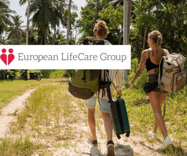 European LifeCare Group’s Vital Victory logo + two people with backpacks, walking on a path surrounded by palm trees
